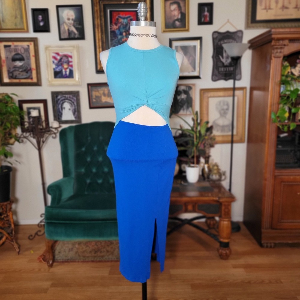 Oten Blue Maxi Dress Colorblock Cutout Small Ribbed Sleeveless Twist Front Slit - Picture 2 of 6